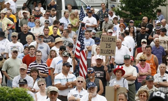 A crowd gathers below the steps during a 2007 rally in support of Hazleton mayor Lou Barletta, in front of City Hall in Hazleton, Pa. A federal appeals court has ruled that Hazleton may not enforce its crackdown on illegal immigrants, dealing another blow to legislation that inspired copycat measures around the nation, including Arizona. 